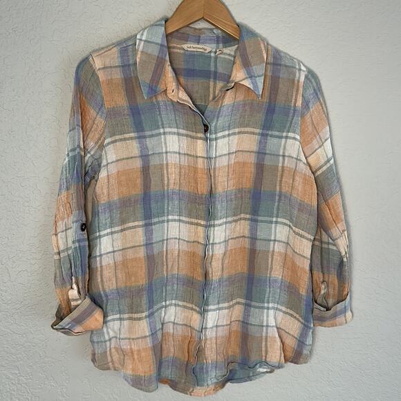 Soft Surroundings Linen Plaid Button Up Shirt Blue Pastel Gauzy Rainbow Fall - Picture 5 of 7